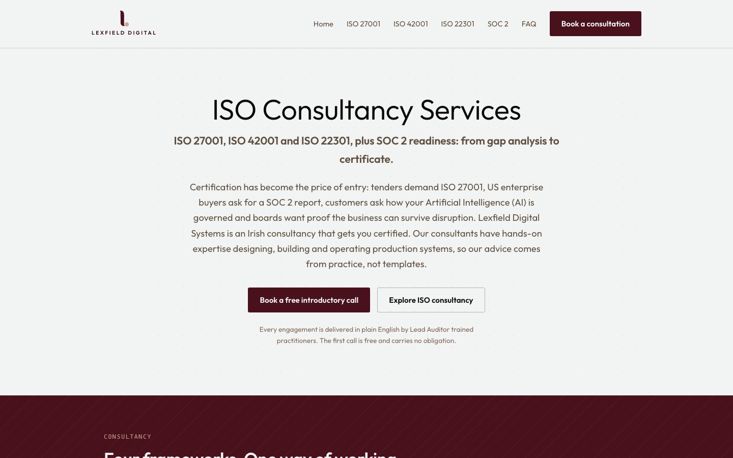 Homepage of Lexfield Digital Systems, an ISO consultancy website