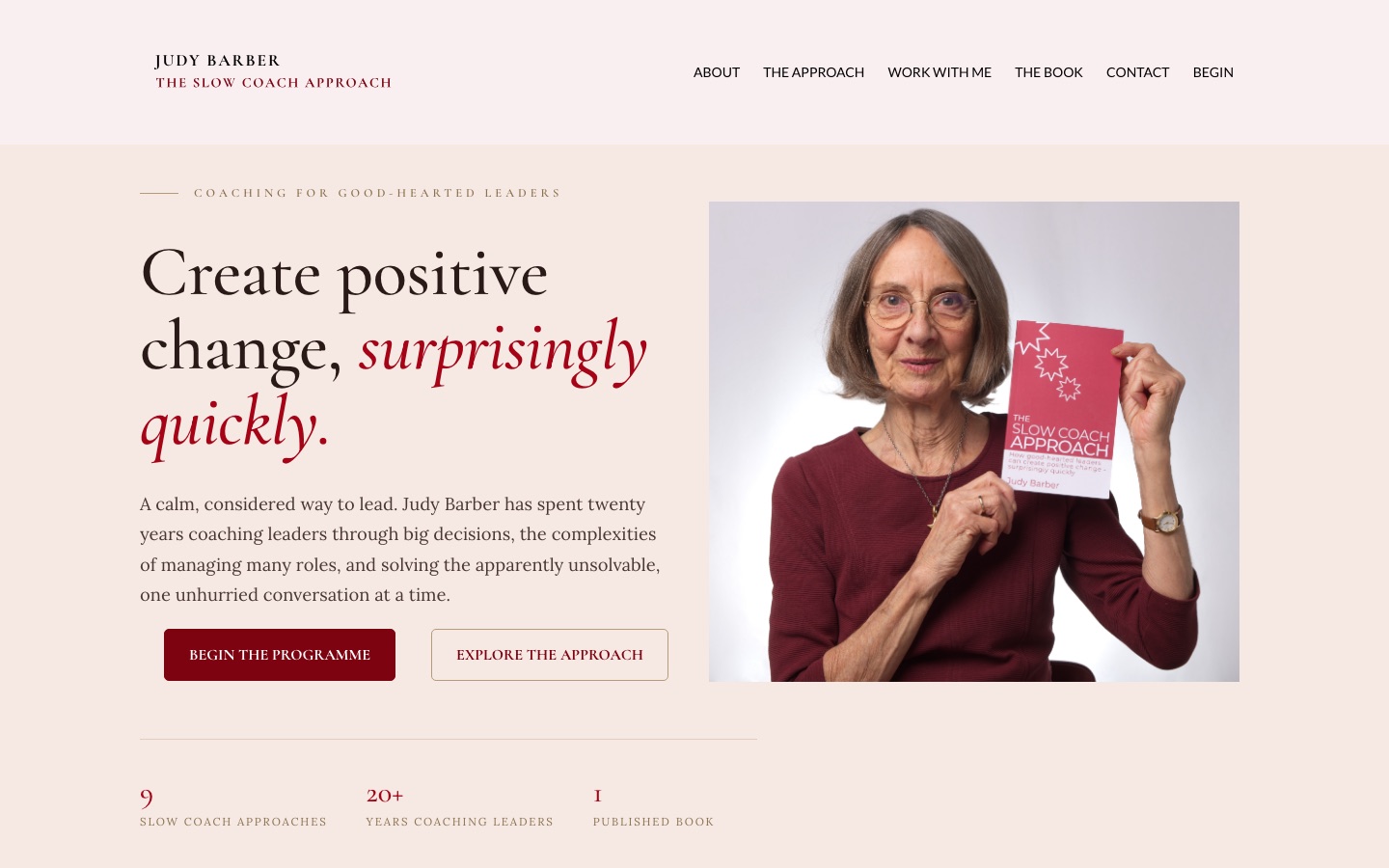 Homepage of The Slow Coach Approach, Judy Barber's coaching website, showing the headline Create positive change, surprisingly quickly beside a photo of Judy holding her book